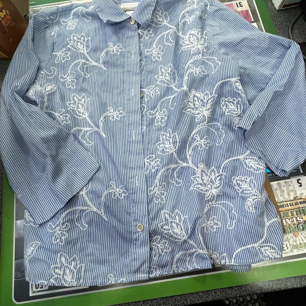 Alfred Dunner Blue and White Striped Button-Up Shirt